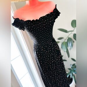 Midnight in the Meadow cottagecore floral Smocked Off-Shoulder Maxi Dress